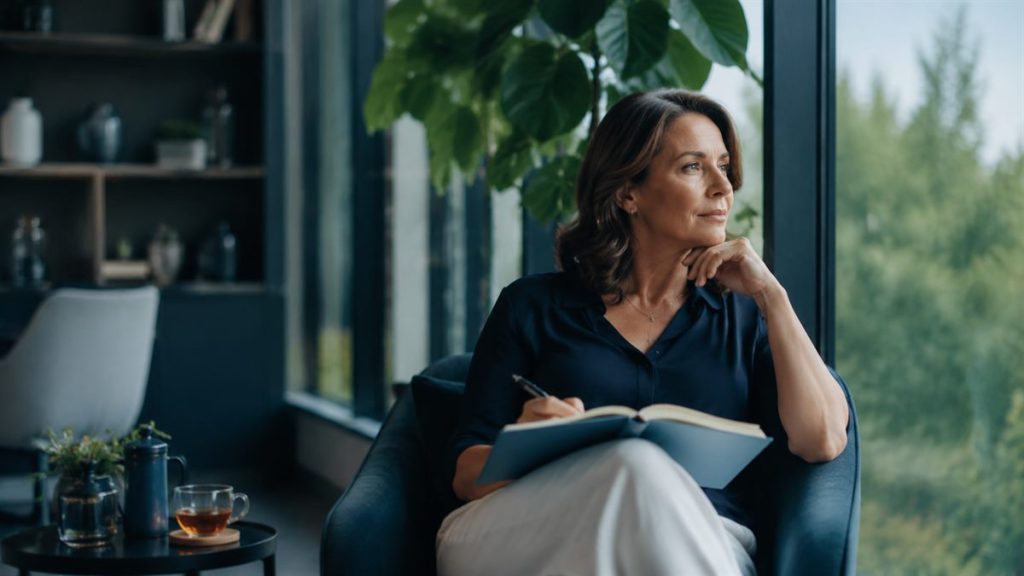 Professional pausing to reflect and write in a calm, light-filled room