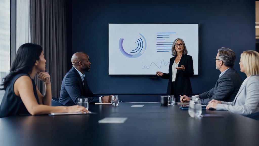 Executive presenting data on a boardroom screen to senior decision-makers