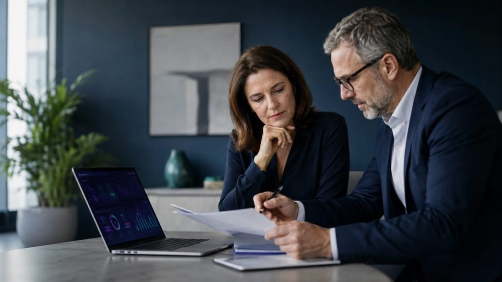 Two HR professionals reviewing documents beside a laptop showing analytics