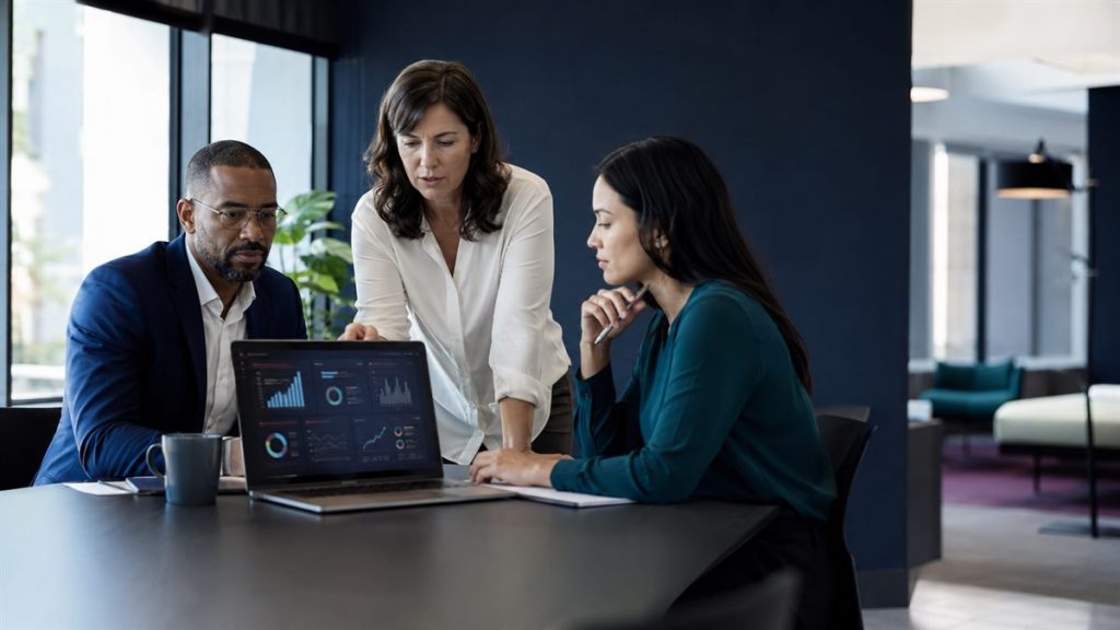 Three HR professionals reviewing analytics dashboards together on a laptop