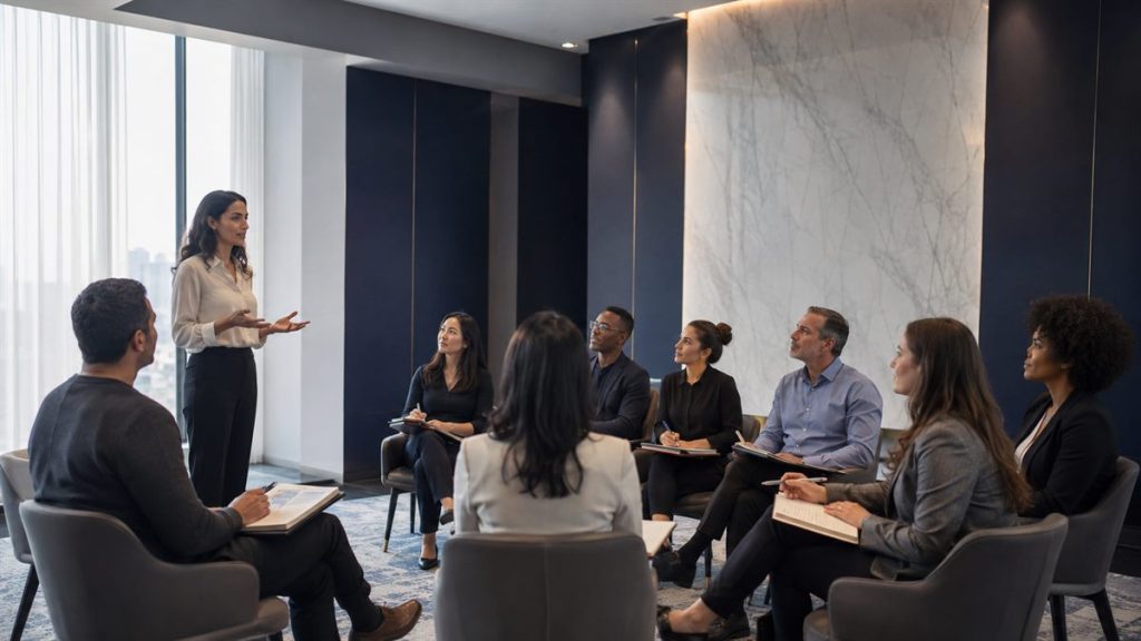 Facilitator leading a leadership session with a small circle of professionals