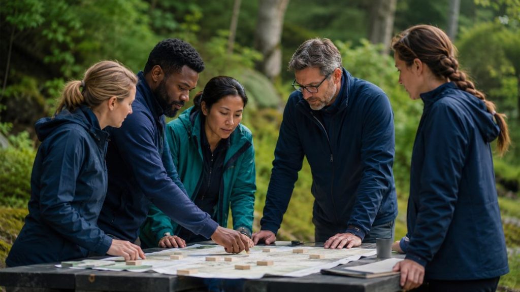 Team planning together around a map during an outdoor team activity