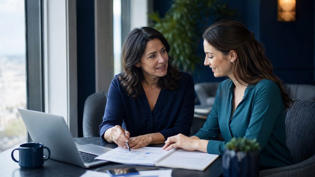 Two colleagues discussing a training plan together over a laptop and documents