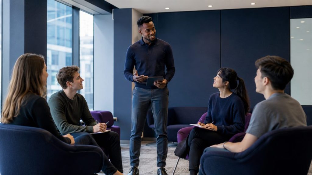 Young professionals in a workplace-skills session with a facilitator